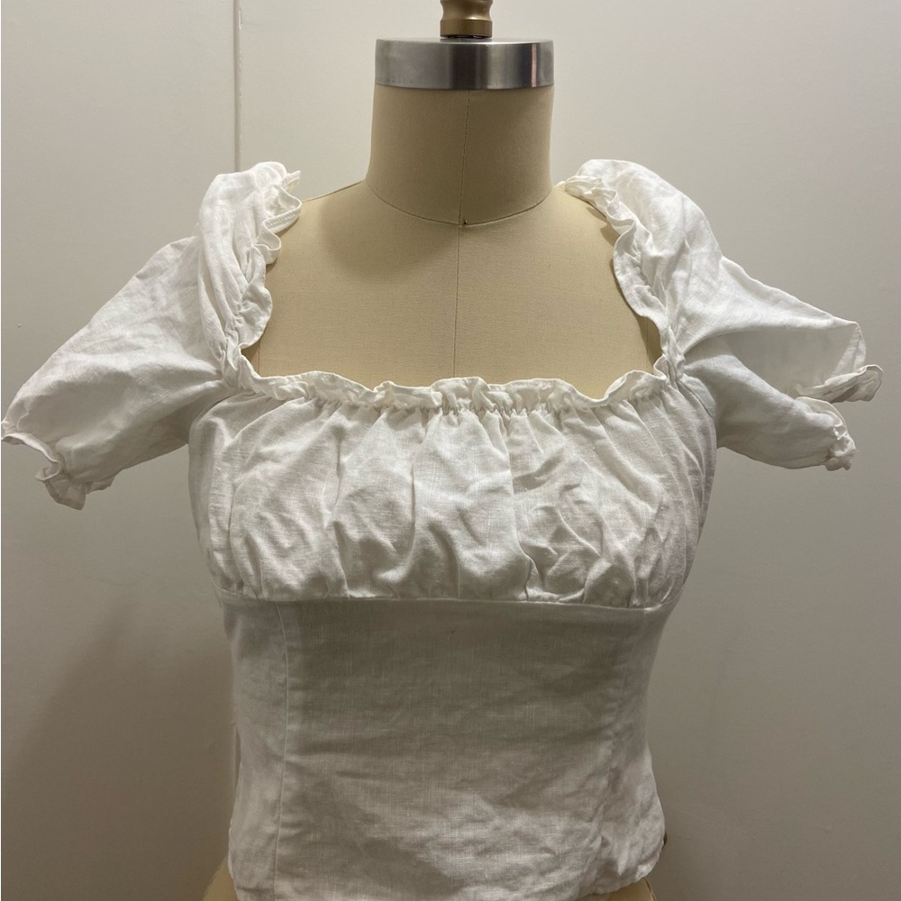 Reformation White Linen Puffed Sleeve Cropped Blouse Size 8 Vacation Boho Beach